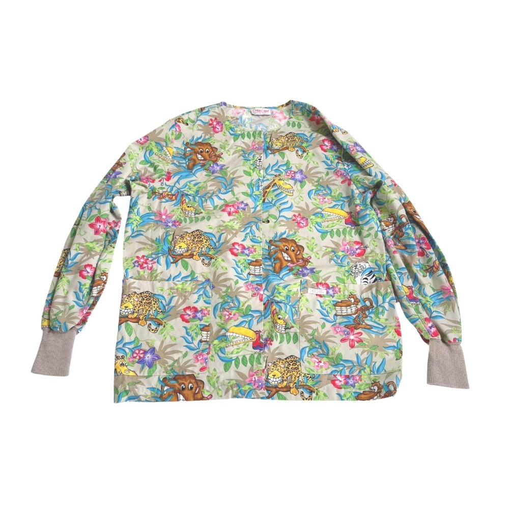 Cherokee‎ Scrub Top Medium LS Elephants Giraffes Monkeys Jungle Brushing Teeth